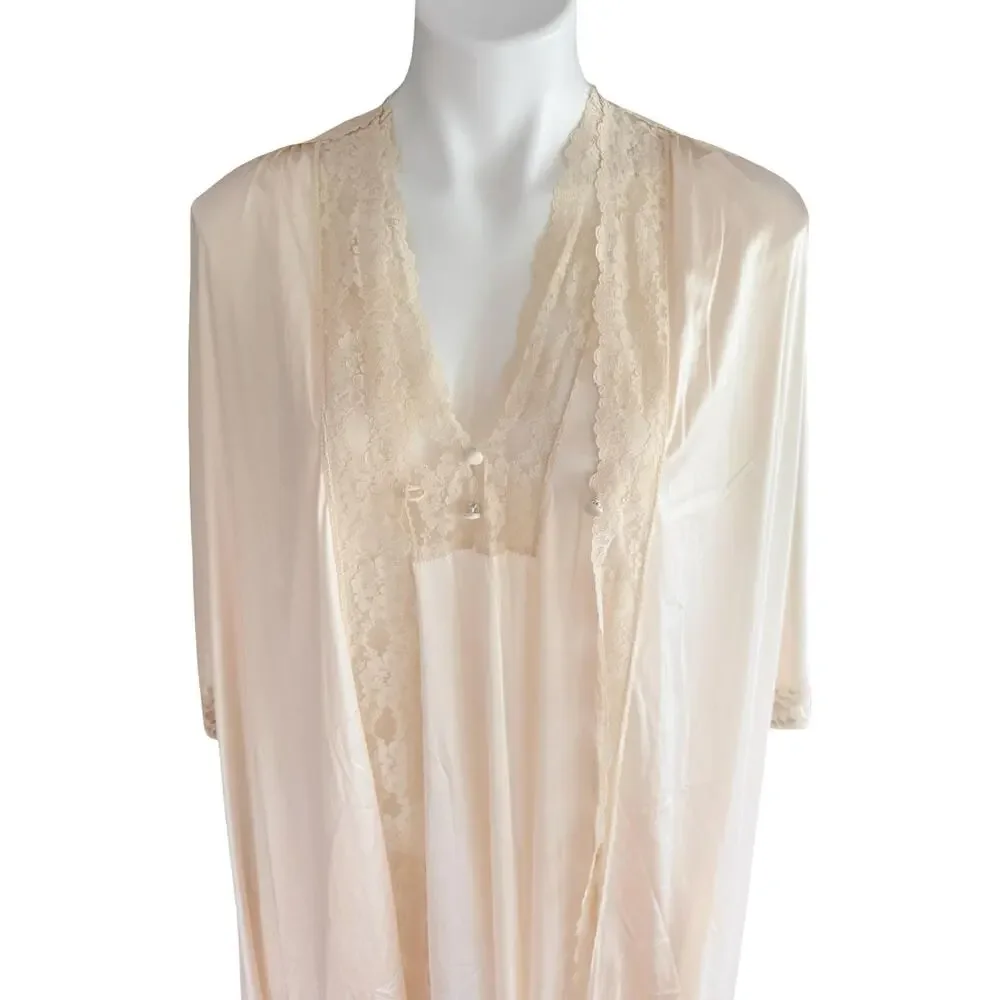 Vintage Val Mode Cream Nylon Peignoir Set Lace Nightgown & Robe Medium 1970s - Picture 7 of 12
